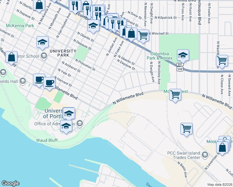 map of restaurants, bars, coffee shops, grocery stores, and more near 4730 North Amherst Street in Portland