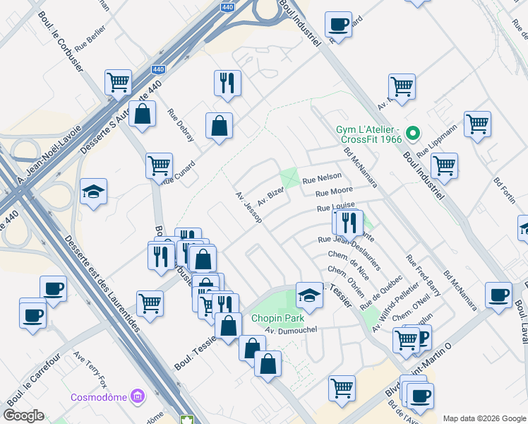 map of restaurants, bars, coffee shops, grocery stores, and more near 1612 Avenue Bizet in Laval