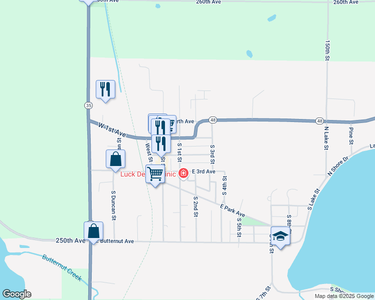 map of restaurants, bars, coffee shops, grocery stores, and more near 30 East 2nd Avenue in Luck