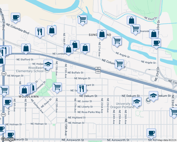map of restaurants, bars, coffee shops, grocery stores, and more near 1910 Northeast Buffalo Street in Portland