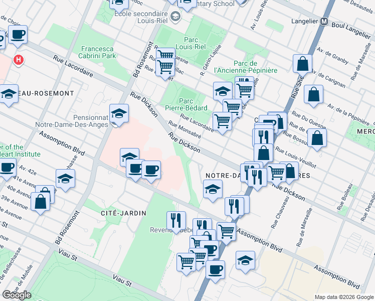 map of restaurants, bars, coffee shops, grocery stores, and more near 5316 Place de Jumonville in Montréal