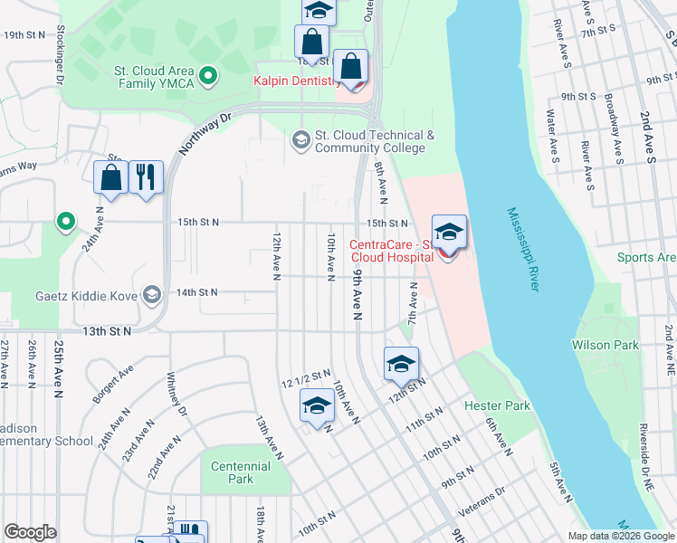 map of restaurants, bars, coffee shops, grocery stores, and more near 1344 10th Avenue North in St. Cloud