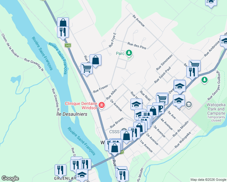 map of restaurants, bars, coffee shops, grocery stores, and more near Rue Crabtree in Windsor