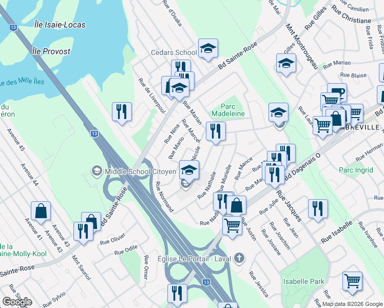 map of restaurants, bars, coffee shops, grocery stores, and more near 3869 Rue Nicole in Laval