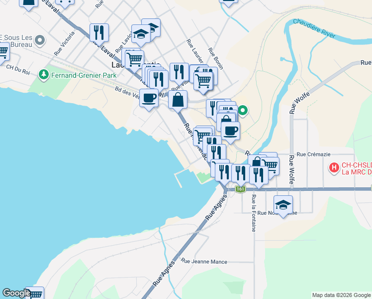 map of restaurants, bars, coffee shops, grocery stores, and more near 5350 Boulevard des Vétérans in Lac-Mã©Gantic