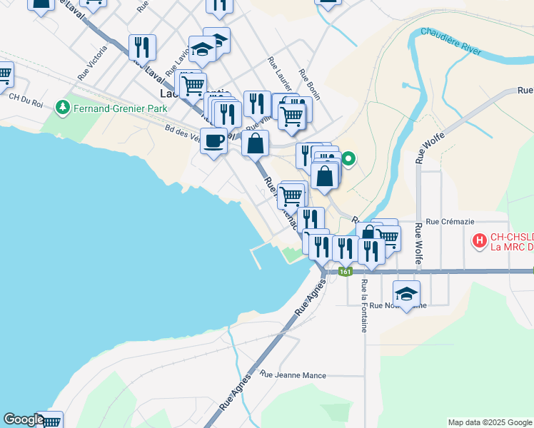 map of restaurants, bars, coffee shops, grocery stores, and more near 5350 Boulevard des Vétérans in Lac-Mã©Gantic