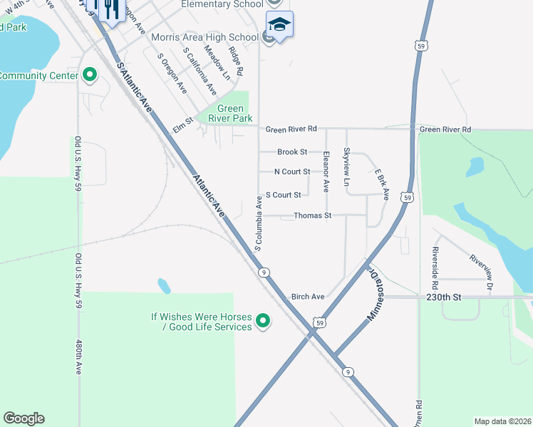 map of restaurants, bars, coffee shops, grocery stores, and more near 331 South Columbia Avenue in Morris