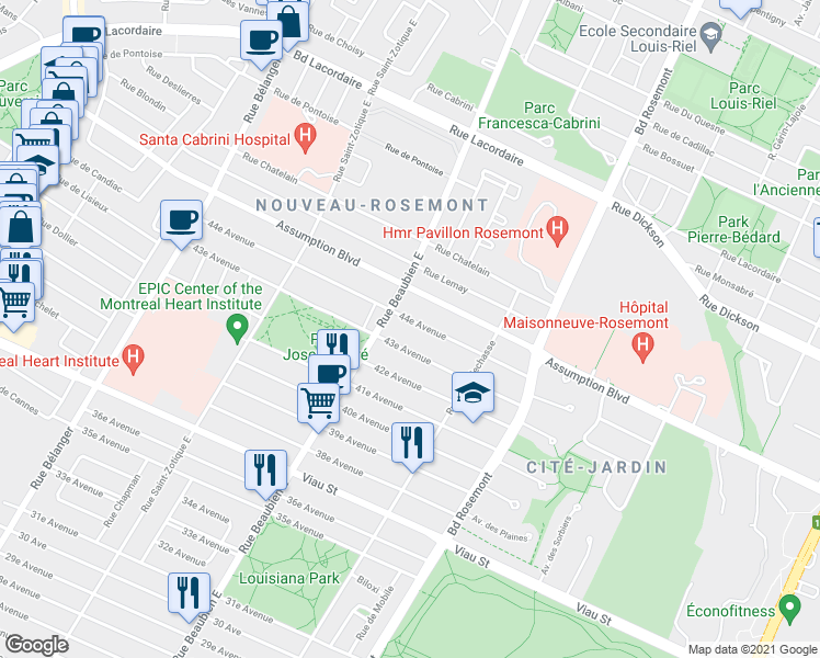 map of restaurants, bars, coffee shops, grocery stores, and more near 6422 44e Av in Montréal