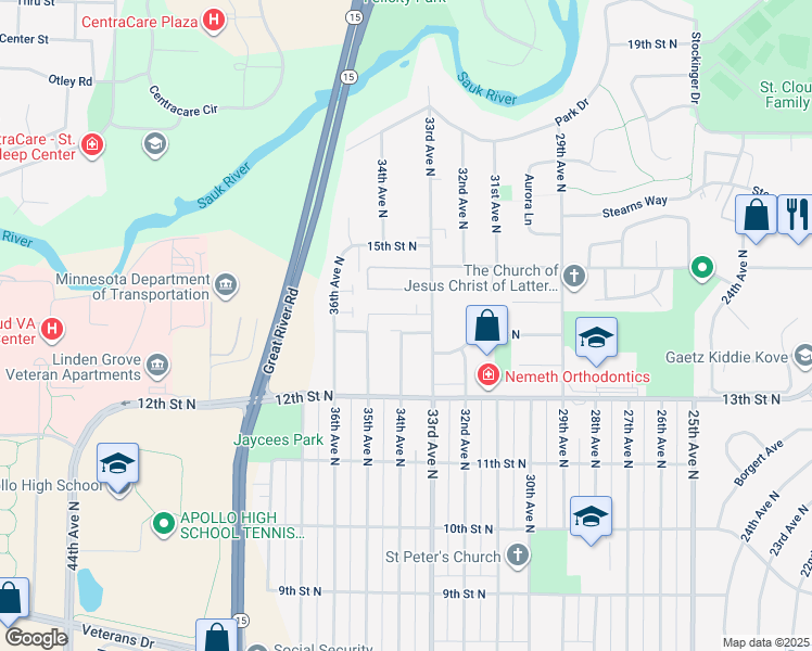 map of restaurants, bars, coffee shops, grocery stores, and more near 1231 33rd Avenue North in St. Cloud