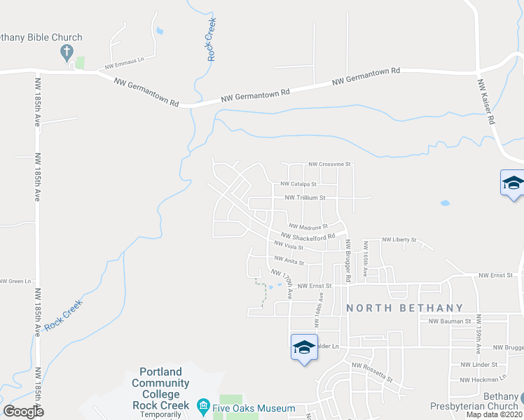 map of restaurants, bars, coffee shops, grocery stores, and more near 16954 North West Madrone Street in Portland