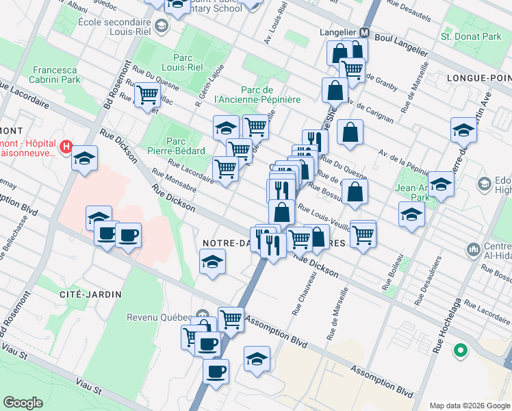 map of restaurants, bars, coffee shops, grocery stores, and more near 4256 Rue Lacordaire in Montréal