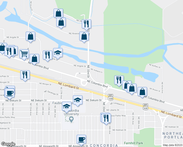map of restaurants, bars, coffee shops, grocery stores, and more near 7130 Northeast 33rd Drive in Portland