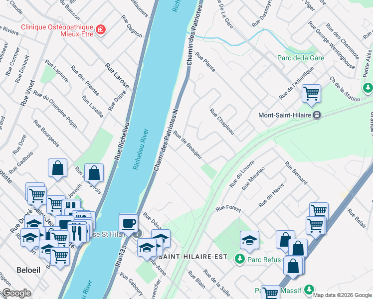 map of restaurants, bars, coffee shops, grocery stores, and more near 532 Rue de Beaujeu in Mont-Saint-Hilaire