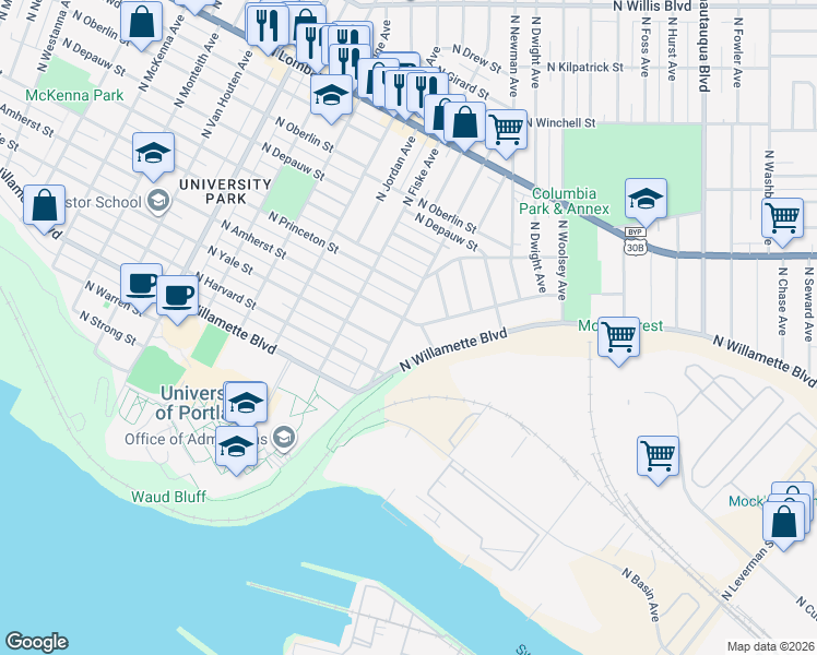 map of restaurants, bars, coffee shops, grocery stores, and more near 6940 North Olin Avenue in Portland