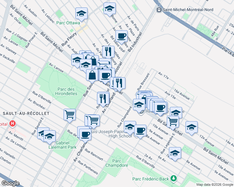 map of restaurants, bars, coffee shops, grocery stores, and more near 2924 Avenue Charland in Montréal