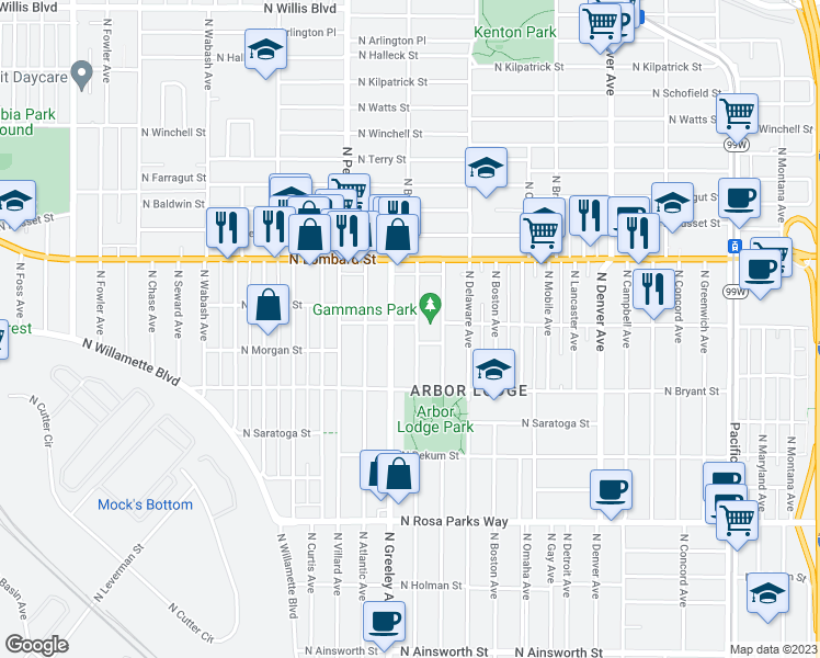 map of restaurants, bars, coffee shops, grocery stores, and more near 7125 North Burrage Avenue in Portland