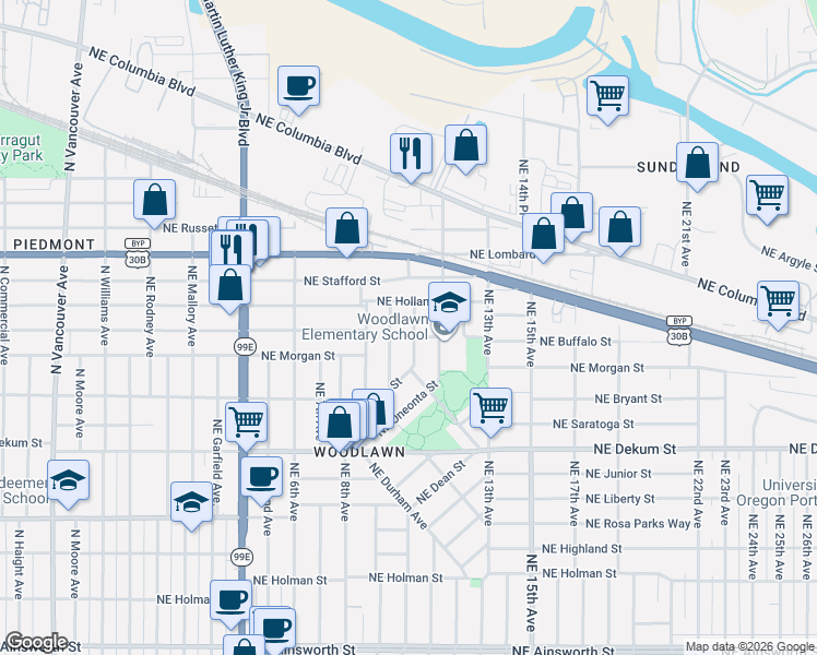 map of restaurants, bars, coffee shops, grocery stores, and more near 7037 Northeast 10th Avenue in Portland