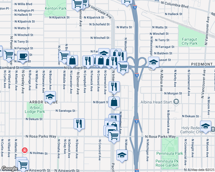 map of restaurants, bars, coffee shops, grocery stores, and more near 7103 North Greenwich Avenue in Portland