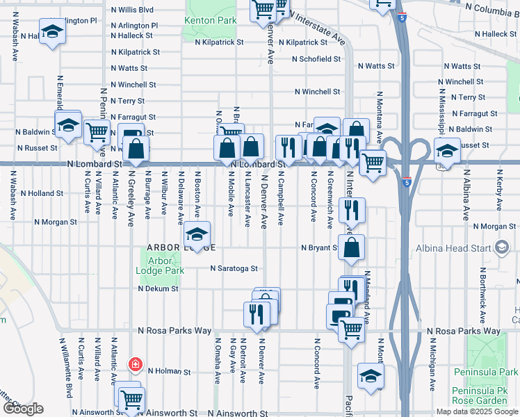 map of restaurants, bars, coffee shops, grocery stores, and more near 7131 North Lancaster Avenue in Portland