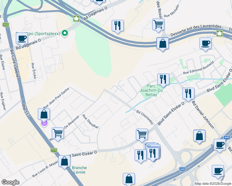 map of restaurants, bars, coffee shops, grocery stores, and more near 3443 Rue Joachim-du-Bellay in Laval