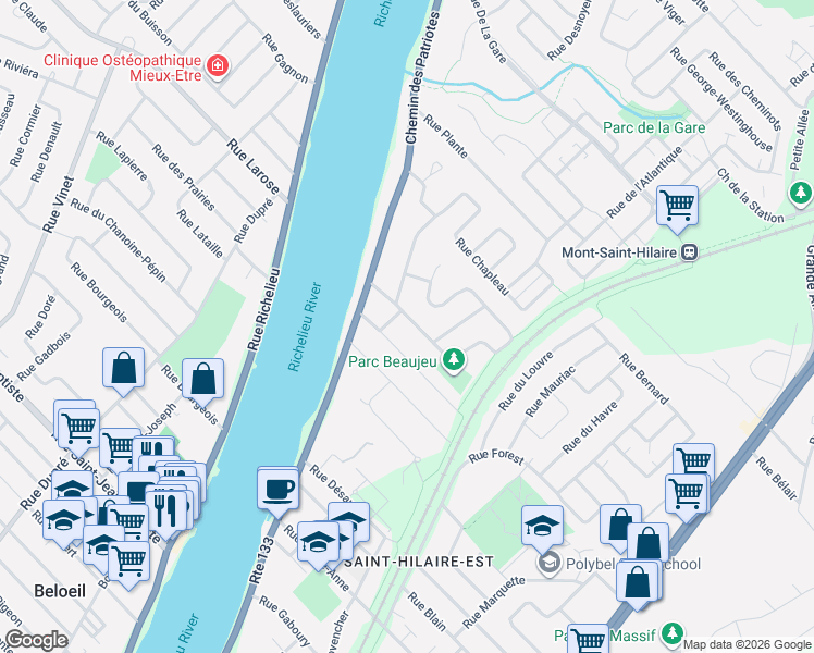 map of restaurants, bars, coffee shops, grocery stores, and more near 532 Rue de Beaujeu in Mont-Saint-Hilaire