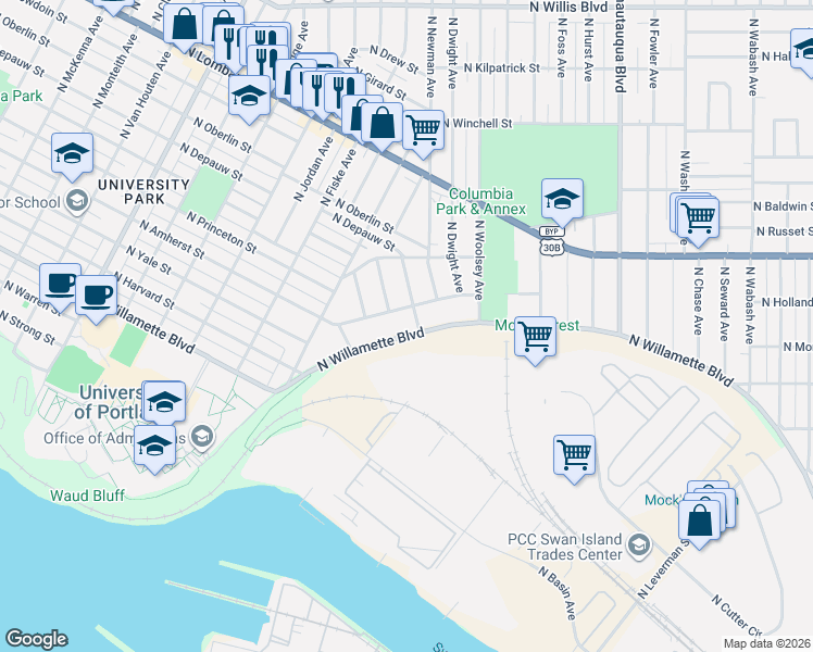 map of restaurants, bars, coffee shops, grocery stores, and more near 4703 North Willamette Boulevard in Portland