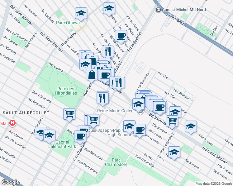 map of restaurants, bars, coffee shops, grocery stores, and more near in Montreal