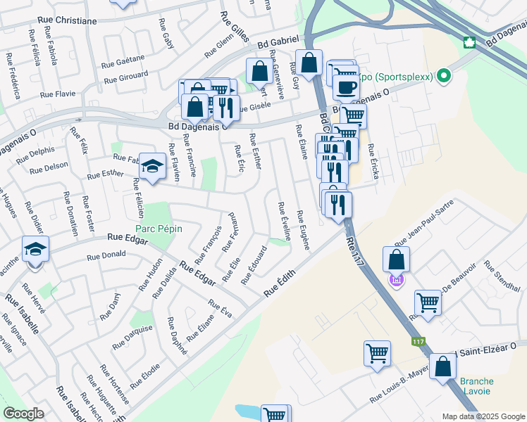 map of restaurants, bars, coffee shops, grocery stores, and more near 381 Rue Édouard in Laval