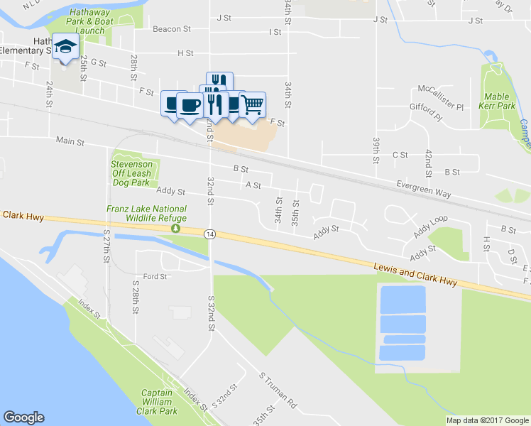 map of restaurants, bars, coffee shops, grocery stores, and more near 3335 Addy Street in Washougal
