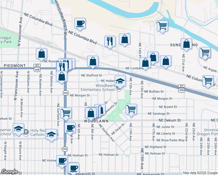 map of restaurants, bars, coffee shops, grocery stores, and more near 7215 Northeast 10th Avenue in Portland
