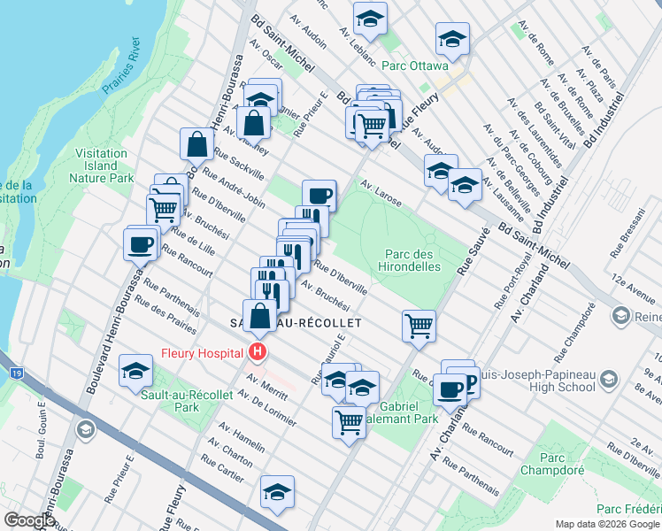 map of restaurants, bars, coffee shops, grocery stores, and more near 10245 Rue D'Iberville in Montréal