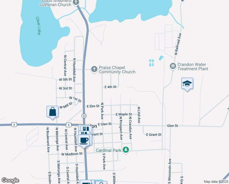 map of restaurants, bars, coffee shops, grocery stores, and more near 607 North Prospect Avenue in Crandon