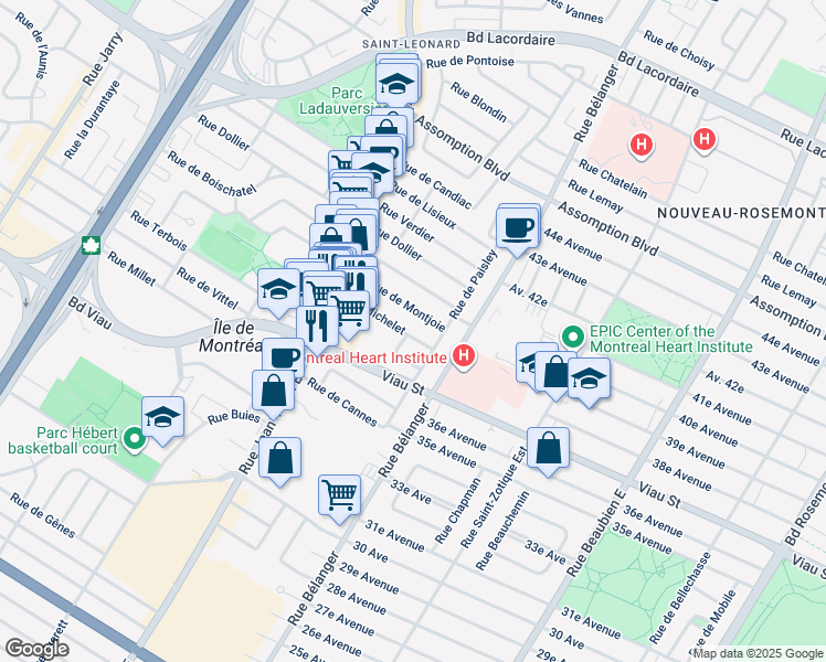 map of restaurants, bars, coffee shops, grocery stores, and more near 7065 Rue Michelet in Montréal