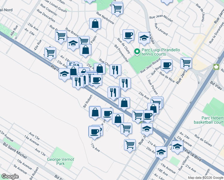 map of restaurants, bars, coffee shops, grocery stores, and more near 8440 Avenue 24e in Montréal
