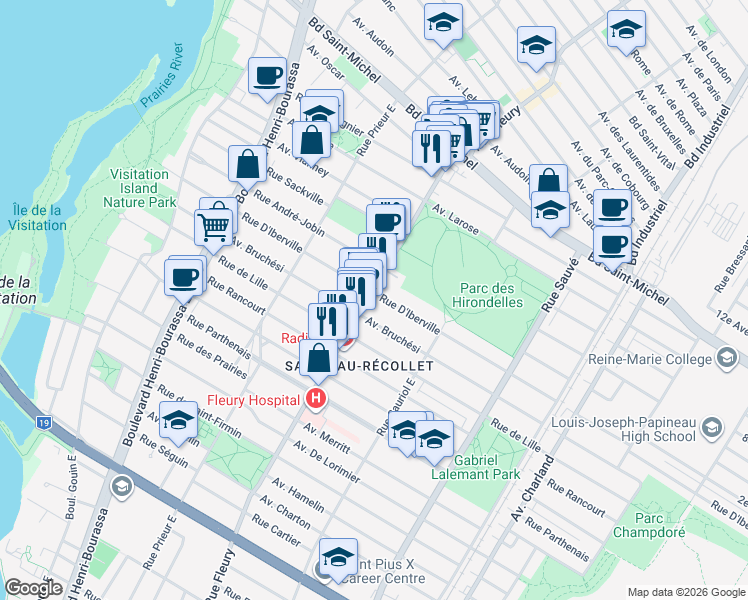 map of restaurants, bars, coffee shops, grocery stores, and more near 10280 Rue d'Iberville in Montréal