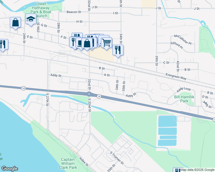 map of restaurants, bars, coffee shops, grocery stores, and more near 3321 Addy Street in Washougal