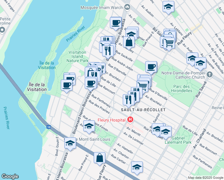 map of restaurants, bars, coffee shops, grocery stores, and more near 10531 Rue Rancourt in Montréal