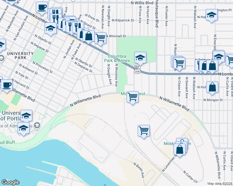 map of restaurants, bars, coffee shops, grocery stores, and more near N Willamette Blvd & N Woolsey Ave in Portland