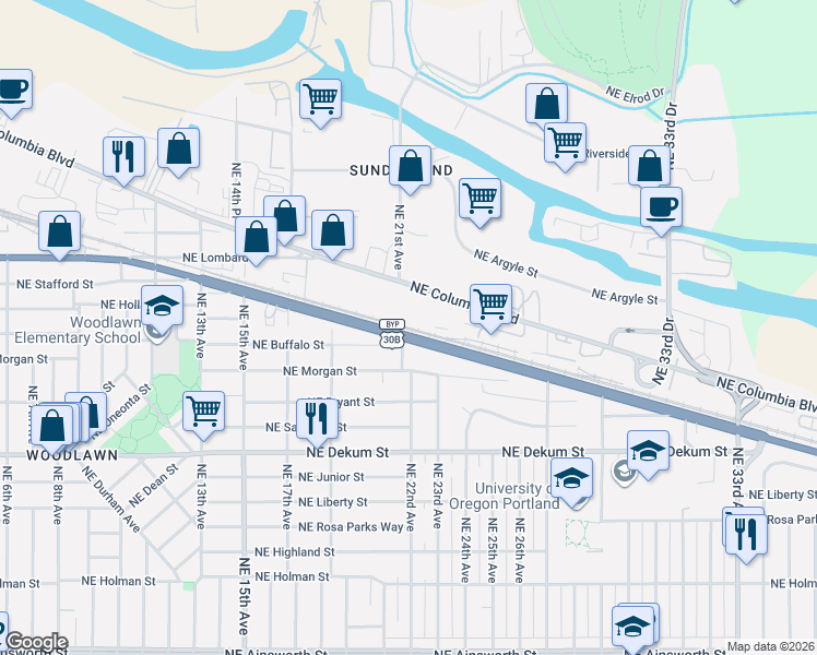 map of restaurants, bars, coffee shops, grocery stores, and more near 602 Northeast Prescott Street in Portland