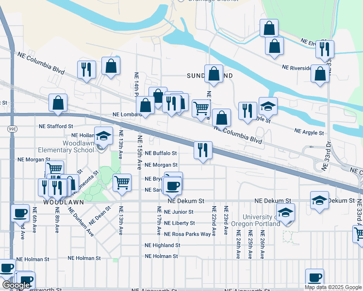 map of restaurants, bars, coffee shops, grocery stores, and more near 1828 Northeast Columbia Boulevard in Portland