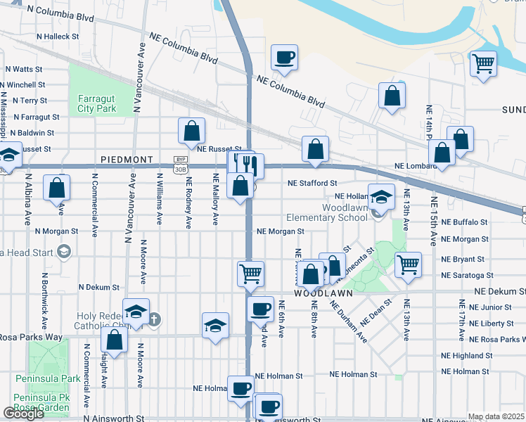 map of restaurants, bars, coffee shops, grocery stores, and more near 7410 Northeast Martin Luther King Junior Boulevard in Portland