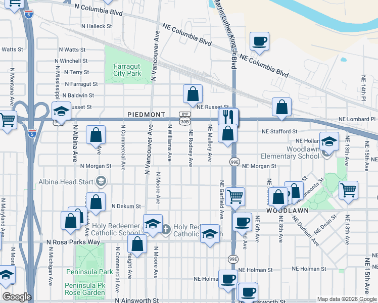 map of restaurants, bars, coffee shops, grocery stores, and more near 57 Northeast Holland Street in Portland