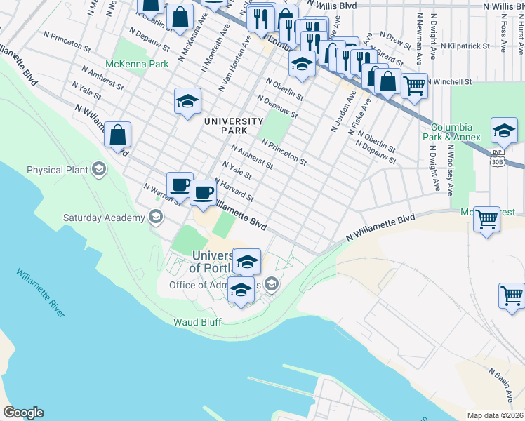 map of restaurants, bars, coffee shops, grocery stores, and more near 6812 North Hodge Avenue in Portland