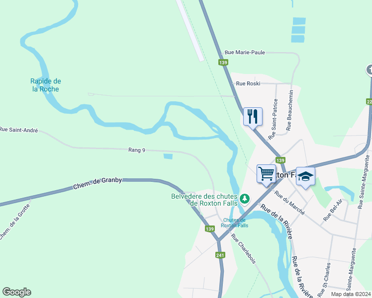 map of restaurants, bars, coffee shops, grocery stores, and more near 110 Rue Saint-André in Roxton Falls