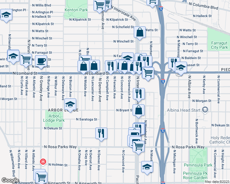 map of restaurants, bars, coffee shops, grocery stores, and more near North Buffalo Street & North Fenwick Avenue in Portland