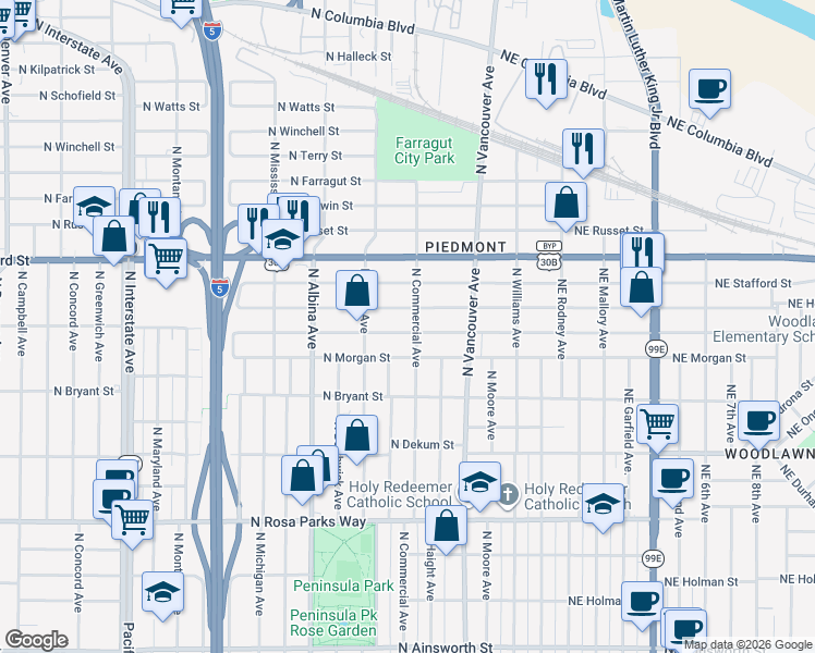 map of restaurants, bars, coffee shops, grocery stores, and more near 517 North Buffalo Street in Portland