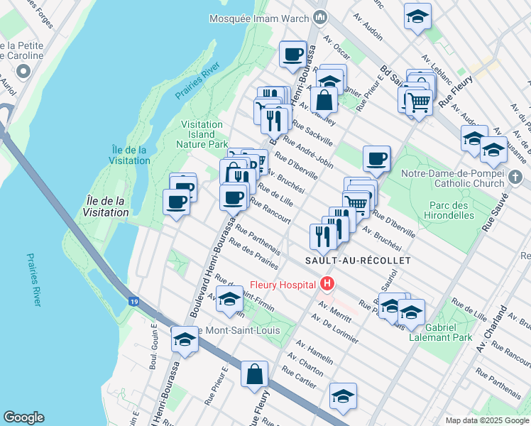 map of restaurants, bars, coffee shops, grocery stores, and more near 10600 Rue Rancourt in Montréal