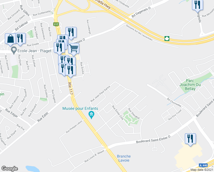 map of restaurants, bars, coffee shops, grocery stores, and more near 3584 Rue Jean-Paul-Sartre in Laval