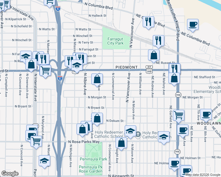 map of restaurants, bars, coffee shops, grocery stores, and more near 517 North Buffalo Street in Portland