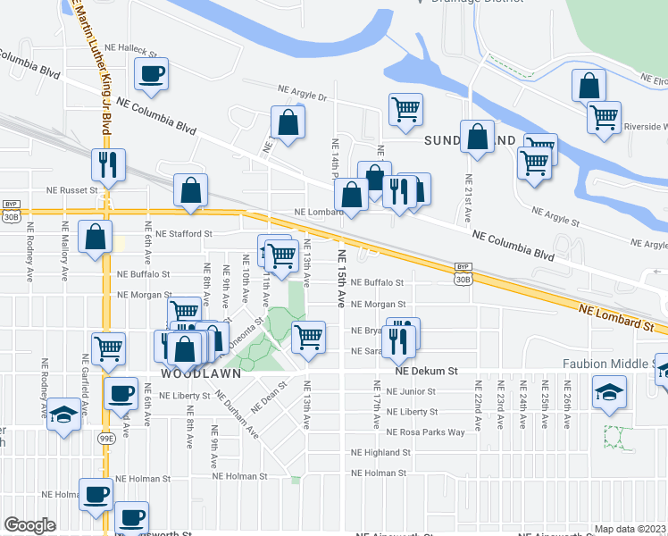 map of restaurants, bars, coffee shops, grocery stores, and more near 1426 Northeast Holland Street in Portland